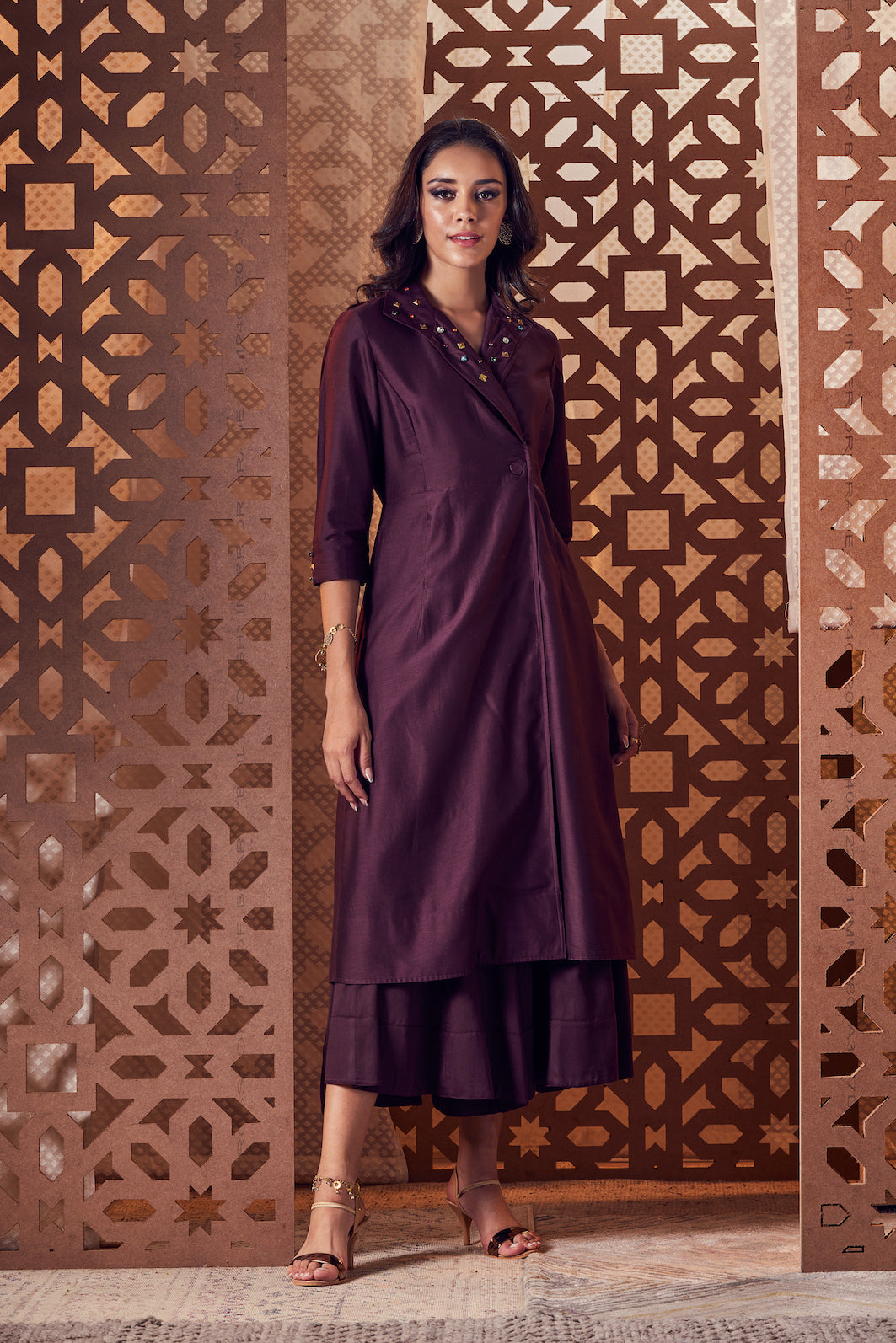 Chanderi Kurta with Flared Palazzo - Set of 2 at Kamakhyaa by Charkhee. This item is Brown, Chanderi, Cotton, Embroidered, Ethnic Wear, Indian Wear, Kurta Palazzo Sets, Naayaab, Natural, Nayaab, Relaxed Fit, Womenswear