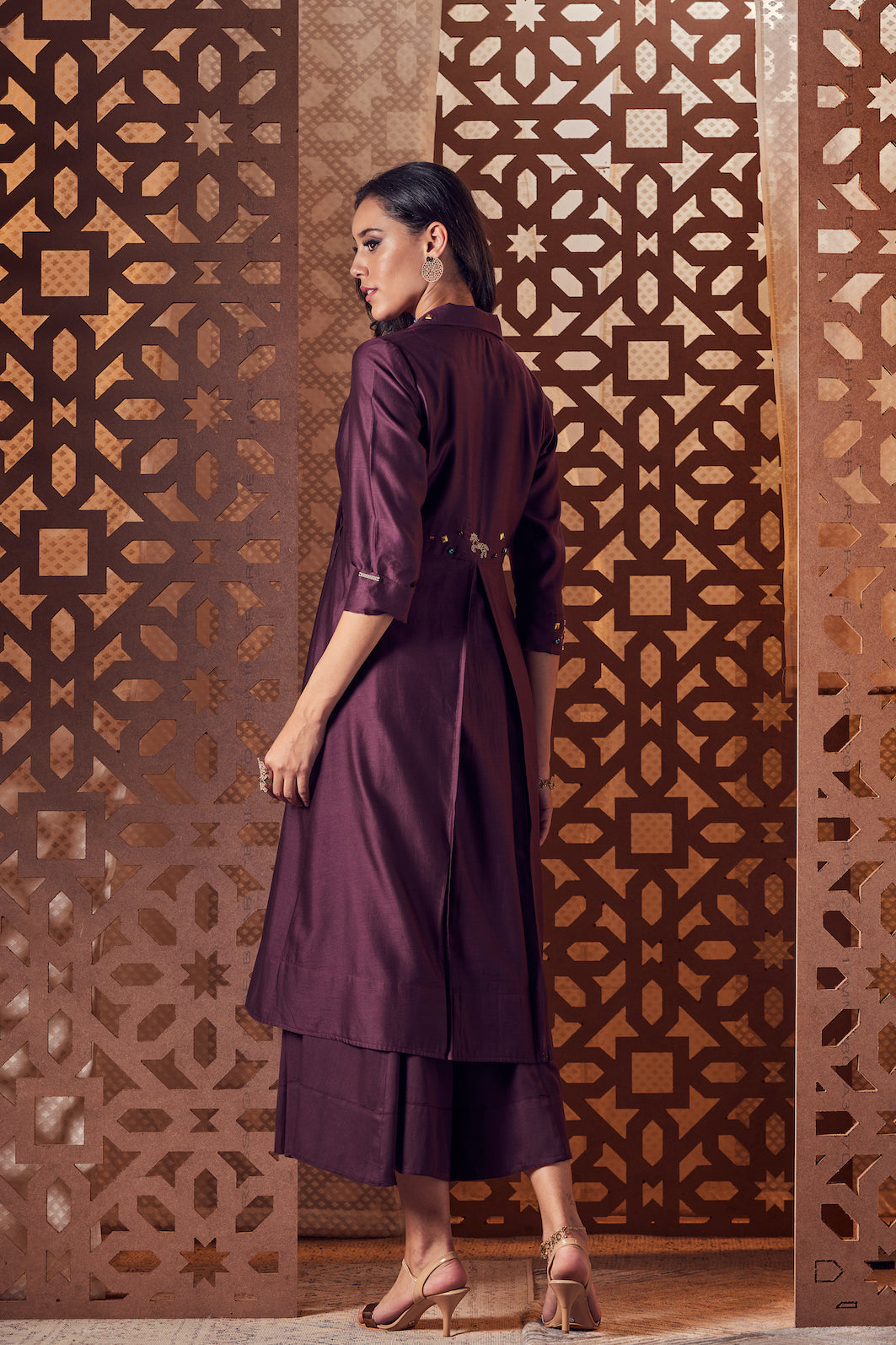 Chanderi Kurta with Flared Palazzo - Set of 2 at Kamakhyaa by Charkhee. This item is Brown, Chanderi, Cotton, Embroidered, Ethnic Wear, Indian Wear, Kurta Palazzo Sets, Naayaab, Natural, Nayaab, Relaxed Fit, Womenswear