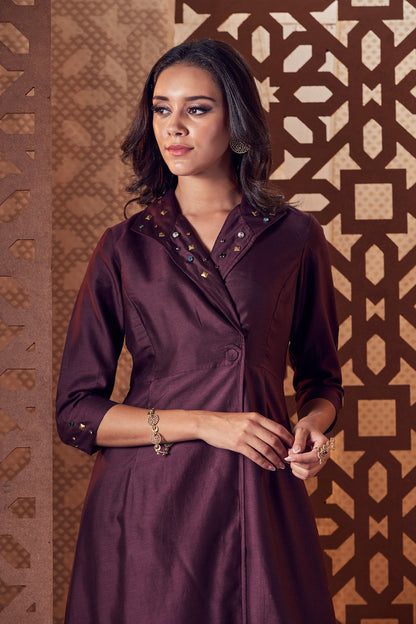 Chanderi Kurta with Flared Palazzo - Set of 2 at Kamakhyaa by Charkhee. This item is Brown, Chanderi, Cotton, Embroidered, Ethnic Wear, Indian Wear, Kurta Palazzo Sets, Naayaab, Natural, Nayaab, Relaxed Fit, Womenswear