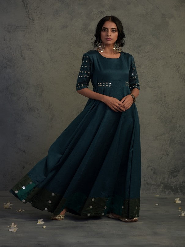 Chanderi Mirror Anarkali- Set Of 2 at Kamakhyaa by Charkhee. This item is Blue, Chanderi, Cotton, Dress Sets, Embellished, Ethnic Wear, Mirror Work, Natural, Relaxed Fit, Tyohaar, Womenswear