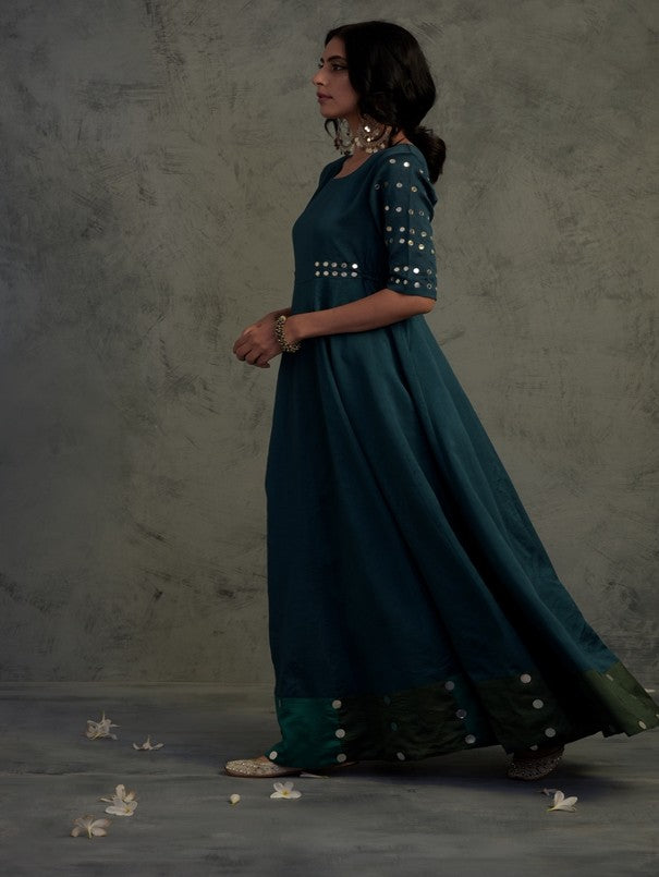 Chanderi Mirror Anarkali- Set Of 2 at Kamakhyaa by Charkhee. This item is Blue, Chanderi, Cotton, Dress Sets, Embellished, Ethnic Wear, Mirror Work, Natural, Relaxed Fit, Tyohaar, Womenswear