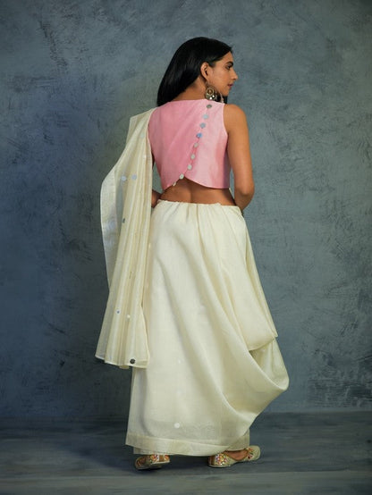 Chanderi Off-white Saree With Light Pink Blouse Set Of 2 at Kamakhyaa by Charkhee. This item is Chanderi, Cotton, Embellished, Ethnic Wear, For Mother, Indian Wear, Mirror Work, Natural, Pink, Relaxed Fit, Saree Sets, Tyohaar, White, Womenswear