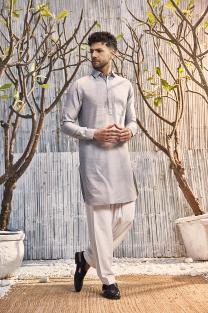 Chanderi Pathani with Salwar - Set of 2 - Grey at Kamakhyaa by Charkhee. This item is Chanderi, Cotton, Cotton Satin, Festive Wear, Grey, Kurta Salwar Sets, Mens Co-ords, Menswear, Natural, Regular Fit, Shores 23, Solids