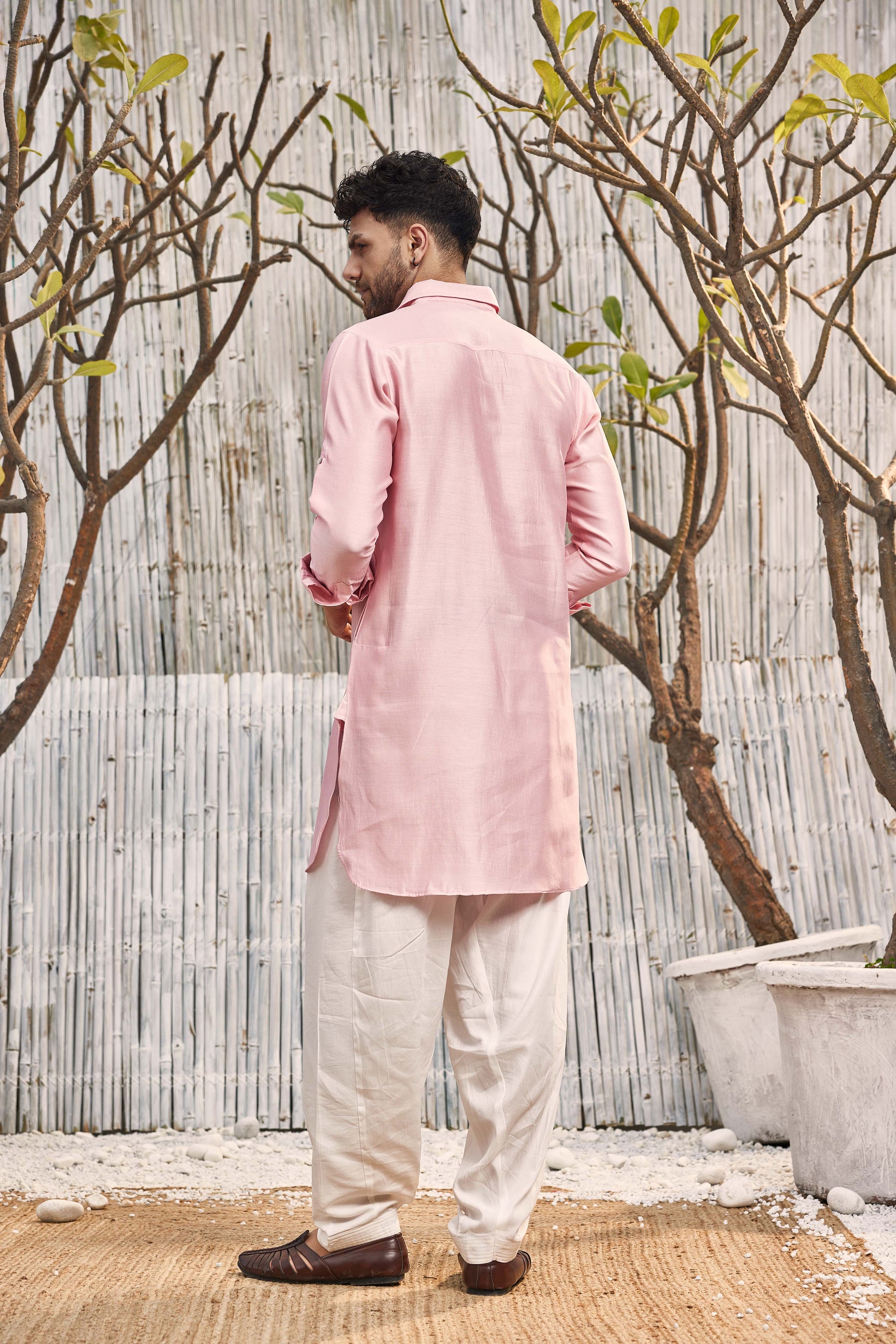 Chanderi Pathani with Salwar - Set of 2 - Pink at Kamakhyaa by Charkhee. This item is Chanderi, Cotton, Cotton Satin, Festive Wear, Kurta Salwar Sets, Mens Co-ords, Menswear, Natural, Pink, Regular Fit, Shores 23, Solids