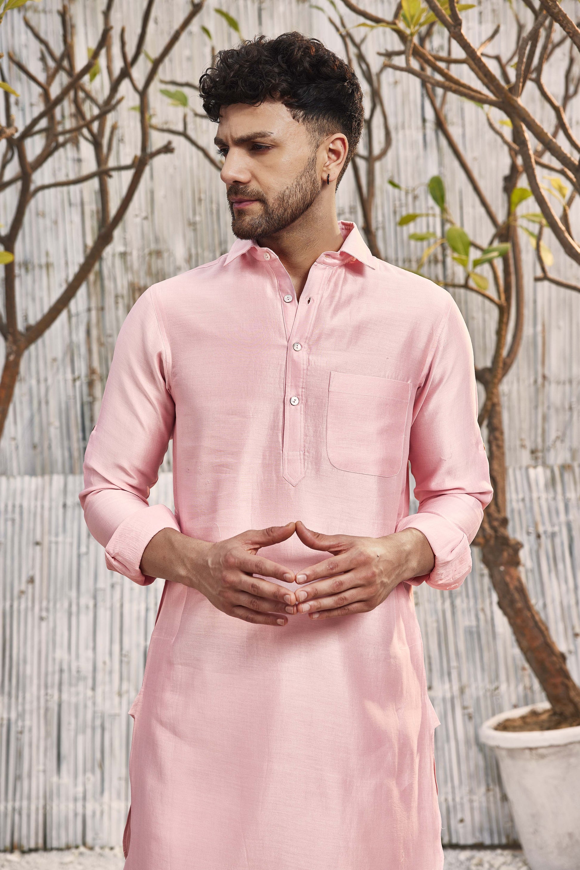 Chanderi Pathani with Salwar - Set of 2 - Pink at Kamakhyaa by Charkhee. This item is Chanderi, Cotton, Cotton Satin, Festive Wear, Kurta Salwar Sets, Mens Co-ords, Menswear, Natural, Pink, Regular Fit, Shores 23, Solids