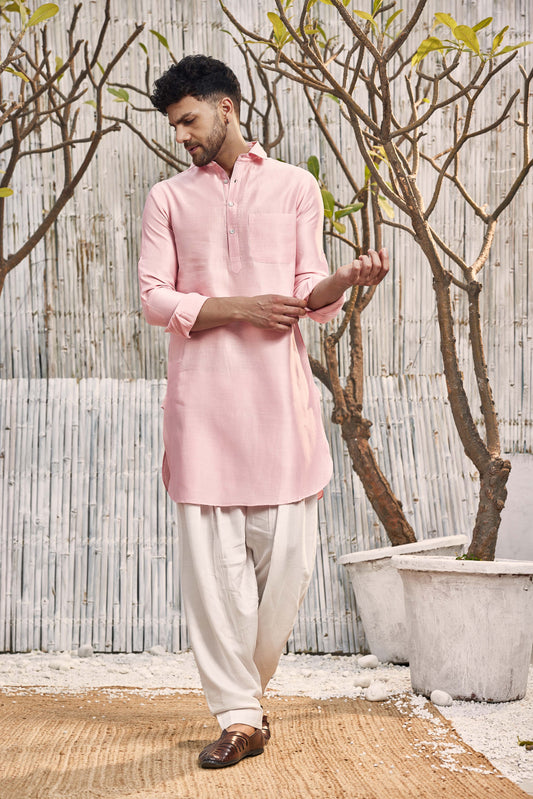 Chanderi Pathani with Salwar - Set of 2 - Pink at Kamakhyaa by Charkhee. This item is Chanderi, Cotton, Cotton Satin, Festive Wear, Kurta Salwar Sets, Mens Co-ords, Menswear, Natural, Pink, Regular Fit, Shores 23, Solids