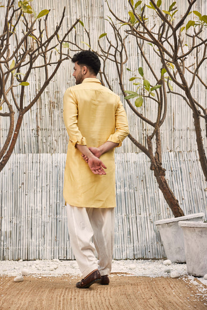 Chanderi Pathani with Salwar - Set of 2 - Yellow at Kamakhyaa by Charkhee. This item is Chanderi, Cotton, Cotton Satin, Festive Wear, Kurta Salwar Sets, Mens Co-ords, Menswear, Natural, Regular Fit, Shores 23, Solids, Yellow