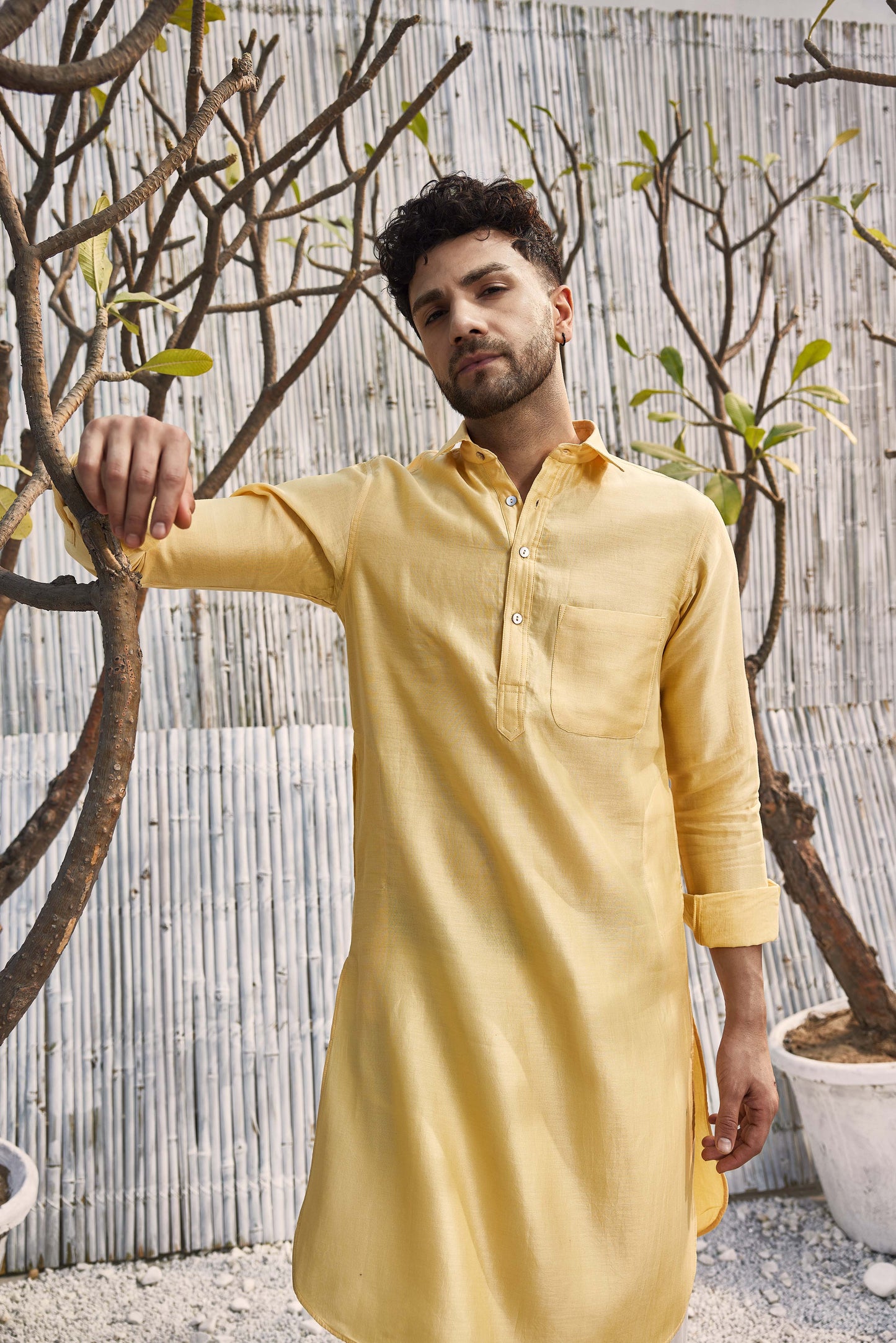 Chanderi Pathani with Salwar - Set of 2 - Yellow at Kamakhyaa by Charkhee. This item is Chanderi, Cotton, Cotton Satin, Festive Wear, Kurta Salwar Sets, Mens Co-ords, Menswear, Natural, Regular Fit, Shores 23, Solids, Yellow