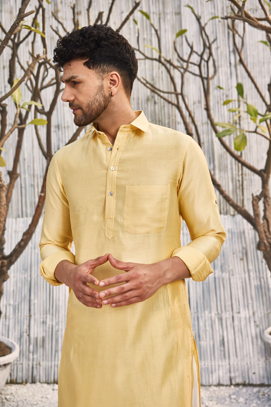 Chanderi Pathani with Salwar - Set of 2 - Yellow at Kamakhyaa by Charkhee. This item is Chanderi, Cotton, Cotton Satin, Festive Wear, Kurta Salwar Sets, Mens Co-ords, Menswear, Natural, Regular Fit, Shores 23, Solids, Yellow