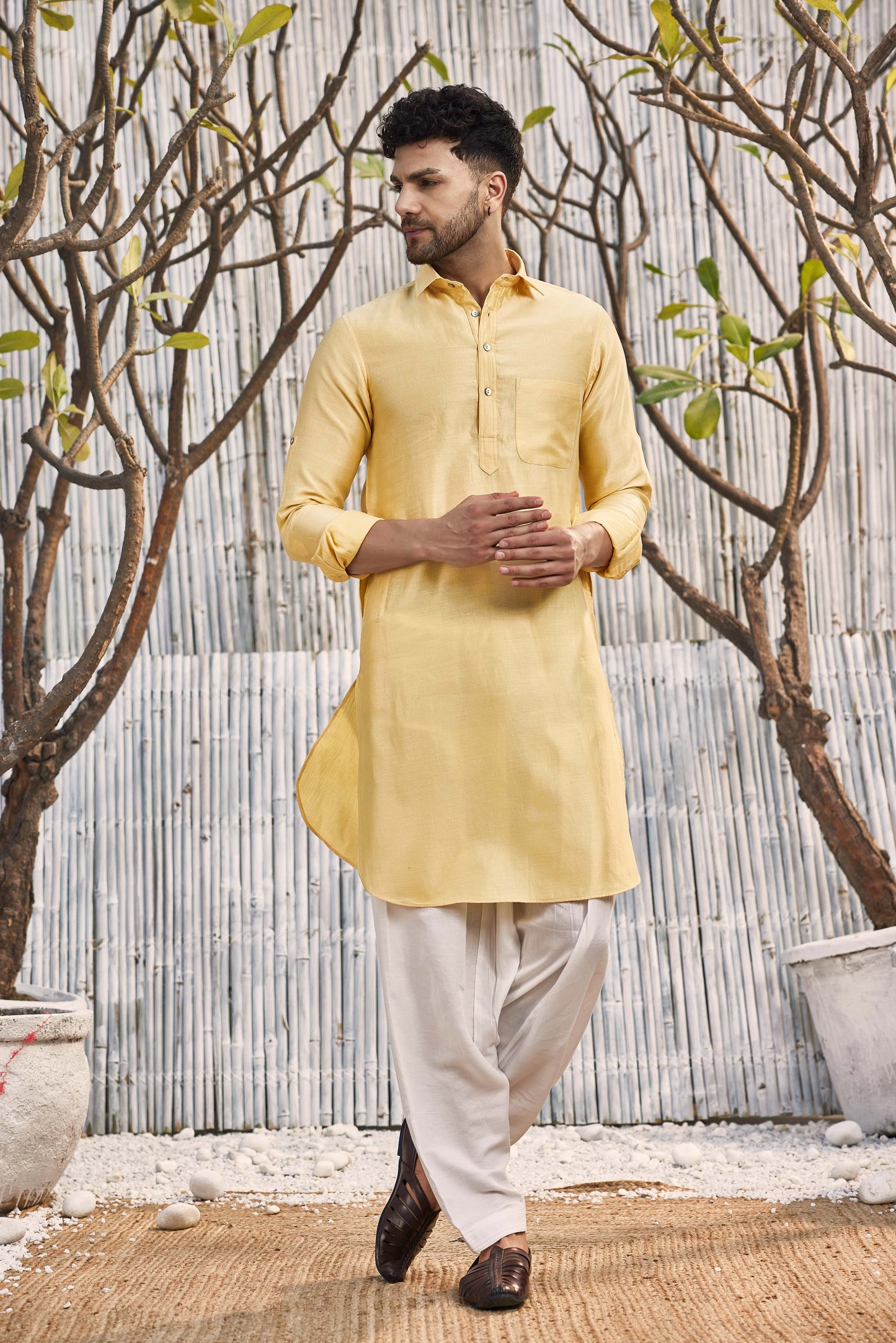 Chanderi Pathani with Salwar - Set of 2 - Yellow at Kamakhyaa by Charkhee. This item is Chanderi, Cotton, Cotton Satin, Festive Wear, Kurta Salwar Sets, Mens Co-ords, Menswear, Natural, Regular Fit, Shores 23, Solids, Yellow