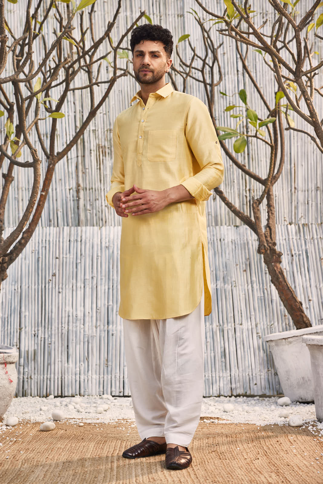 Chanderi Pathani with Salwar - Set of 2 - Yellow at Kamakhyaa by Charkhee. This item is Chanderi, Cotton, Cotton Satin, Festive Wear, Kurta Salwar Sets, Mens Co-ords, Menswear, Natural, Regular Fit, Shores 23, Solids, Yellow