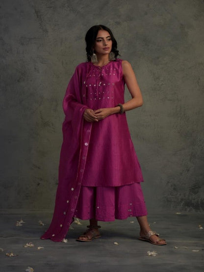 Chanderi Tasseled Sleeveless Kurta Set at Kamakhyaa by Charkhee. This item is Chanderi, Cotton, Embellished, Ethnic Wear, Indian Wear, Kurta Palazzo Sets, Mirror Work, Natural, Pink, Relaxed Fit, Tyohaar, Womenswear