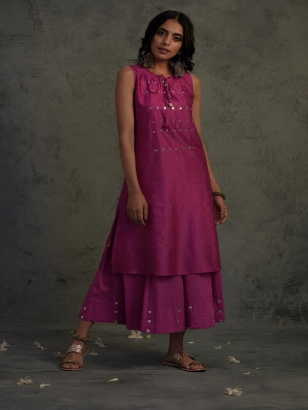 Chanderi Tasseled Sleeveless Kurta Set at Kamakhyaa by Charkhee. This item is Chanderi, Cotton, Embellished, Ethnic Wear, Indian Wear, Kurta Palazzo Sets, Mirror Work, Natural, Pink, Relaxed Fit, Tyohaar, Womenswear