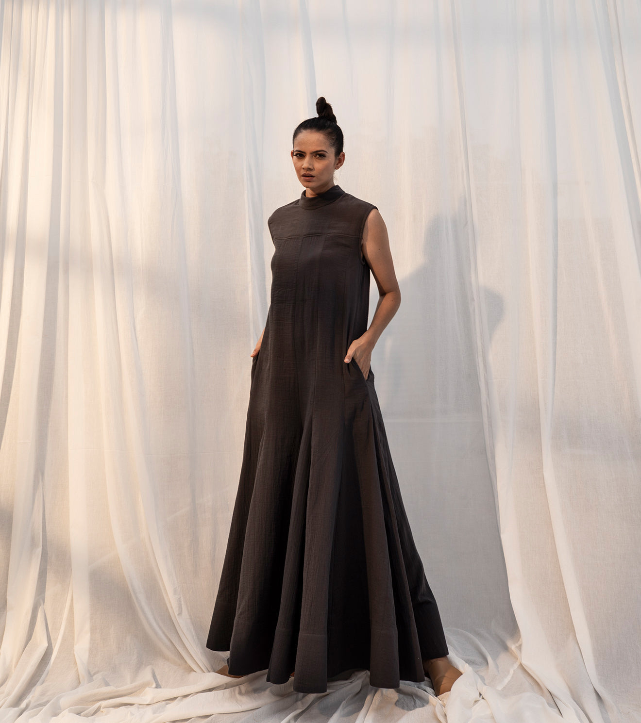 Charcoal Black Maxi Dress at Kamakhyaa by Khara Kapas. This item is Black, Cotton Khadi, Evening Wear, Maxi Dresses, Natural, Regular Fit, Sienna KK, Sleeveless Dresses, Solids, Womenswear