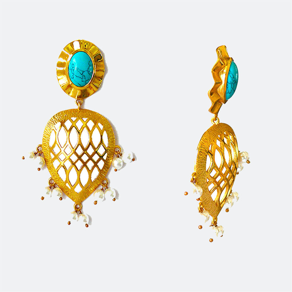 Charmer cutwork Blue, Brass, Earrings, Festive Wear, Free Size, Gold Plated, Re-polishable, Solids Kamakhyaa