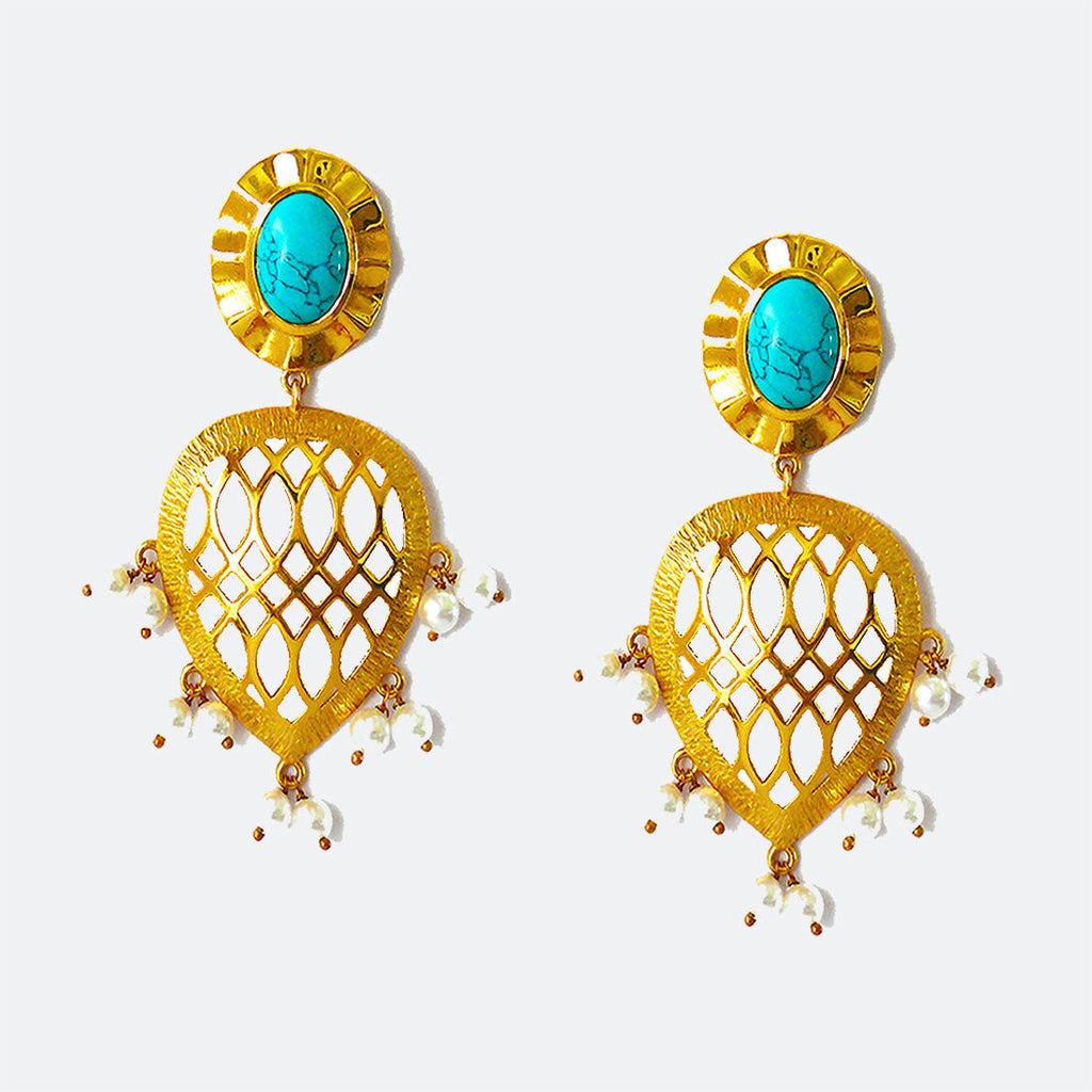 Charmer cutwork Blue, Brass, Earrings, Festive Wear, Free Size, Gold Plated, Re-polishable, Solids Kamakhyaa