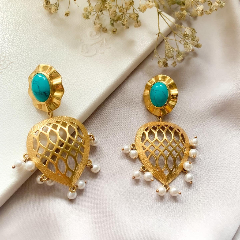 Charmer cutwork Blue, Brass, Earrings, Festive Wear, Free Size, Gold Plated, Re-polishable, Solids Kamakhyaa