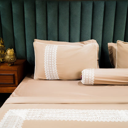 Chic Mocha Bedsheet Set with Pillow Covers at Kamakhyaa by Aetherea. This item is 100% Cotton, 500 TC, Bolster Cushion, Brown, Coffee, Designer Bedsheets, Home, King, Lace, Queen