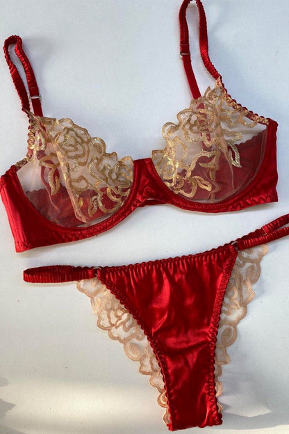 Clarissa Red with Gold lace Lingerie Set at Kamakhyaa by Delanikka. This item is Bras, For Bachelorette, Gold, handmade lingerie, lingerie, Lingerie Set, Red, Slim Fit, Textured, underwear, Womenswear