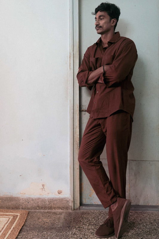 Classic Brown Co-ord Set at Kamakhyaa by Deeta Clothing. This item is Brown, Casual Wear, Co-ord Sets, Handwoven Cotton, Mens Co-ords, Menswear, Natural with azo dyes, Relaxed Fit, Shibui AW22, Solids