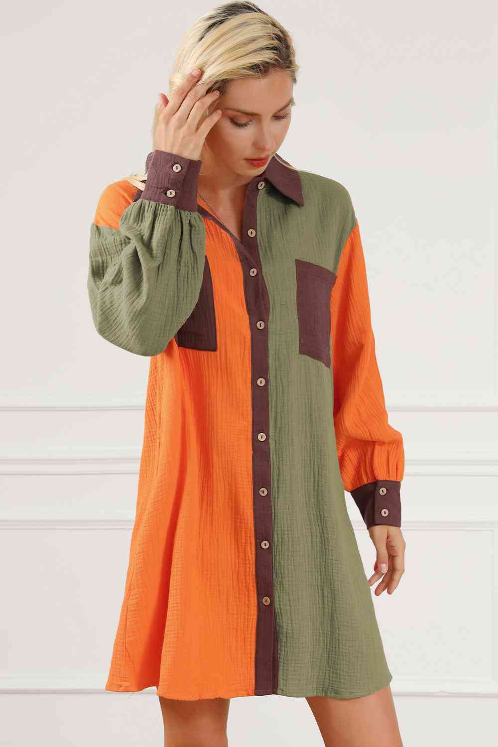 Contrast Button Up Collared Neck Dress at Kamakhyaa by Trendsi. This item is Ship From Overseas, SYNZ, Trendsi, Womenswear