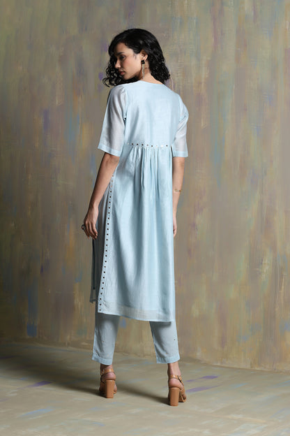 Cool Blue High Slit Kurta Set - Set of 3 at Kamakhyaa by Charkhee. This item is Blue, Chanderi, Cotton, Festive Wear, Indian Wear, Kurta Pant Sets, Kurta Set With Dupatta, Natural, Regular Fit, Solids, Womenswear