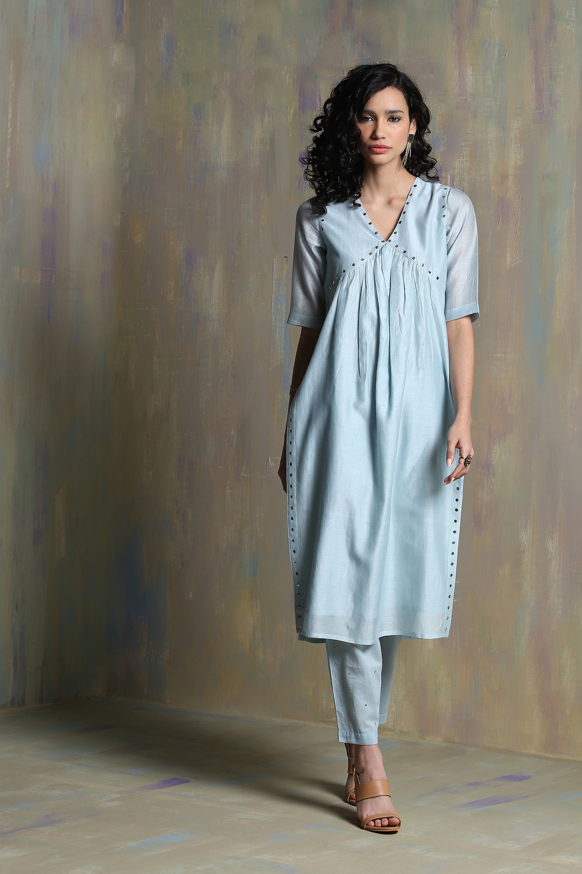 Cool Blue High Slit Kurta Set - Set of 3 at Kamakhyaa by Charkhee. This item is Blue, Chanderi, Cotton, Festive Wear, Indian Wear, Kurta Pant Sets, Kurta Set With Dupatta, Natural, Regular Fit, Solids, Womenswear