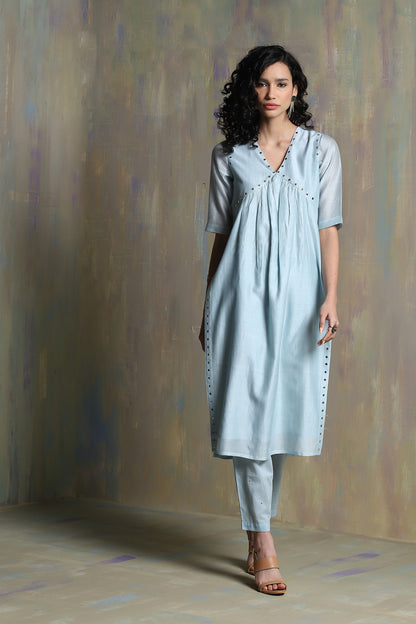 Cool Blue High Slit Kurta Set - Set of 3 at Kamakhyaa by Charkhee. This item is Blue, Chanderi, Cotton, Festive Wear, Indian Wear, Kurta Pant Sets, Kurta Set With Dupatta, Natural, Regular Fit, Solids, Womenswear