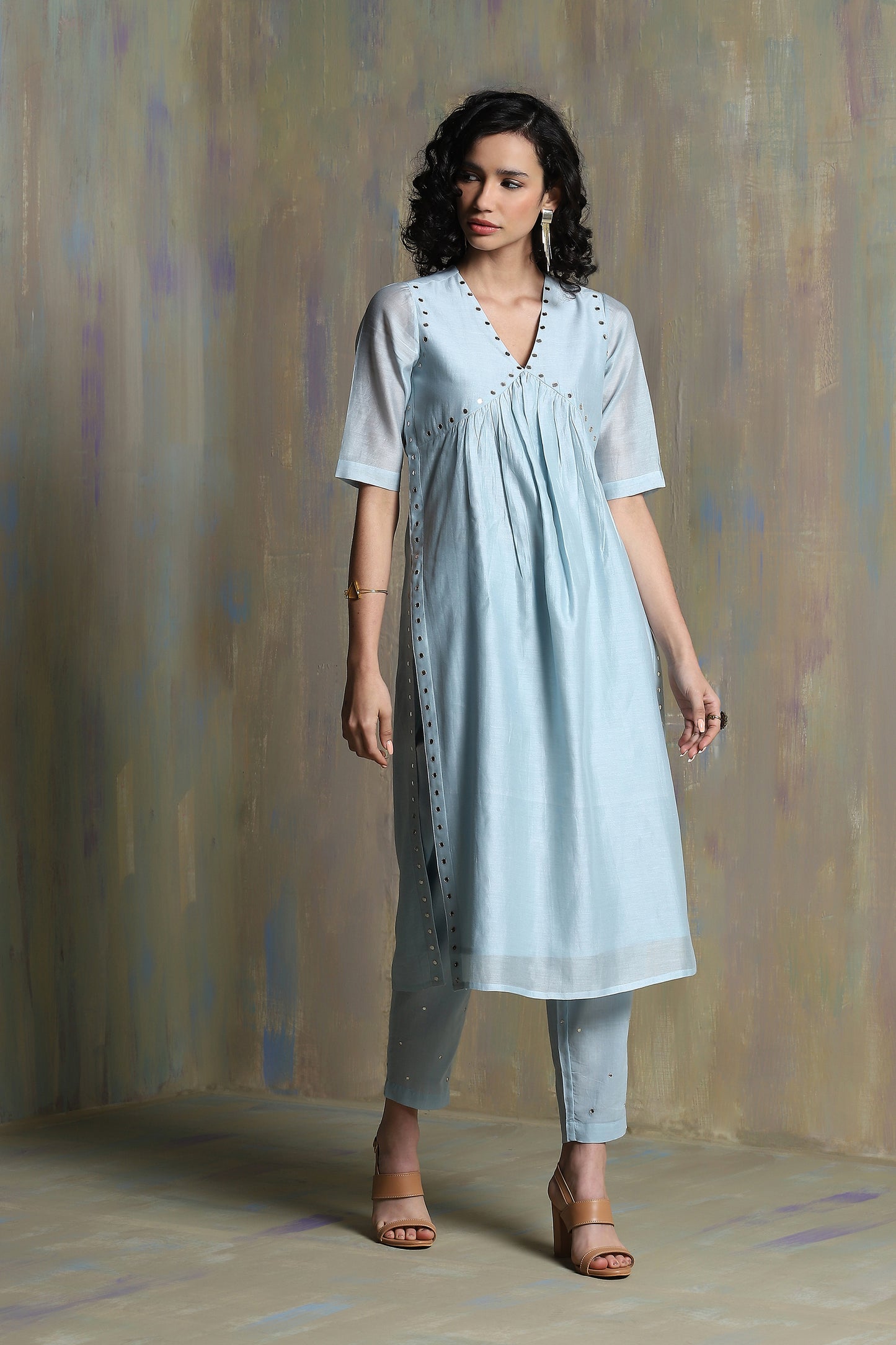 Cool Blue High Slit Kurta Set - Set of 3 at Kamakhyaa by Charkhee. This item is Blue, Chanderi, Cotton, Festive Wear, Indian Wear, Kurta Pant Sets, Kurta Set With Dupatta, Natural, Regular Fit, Solids, Womenswear