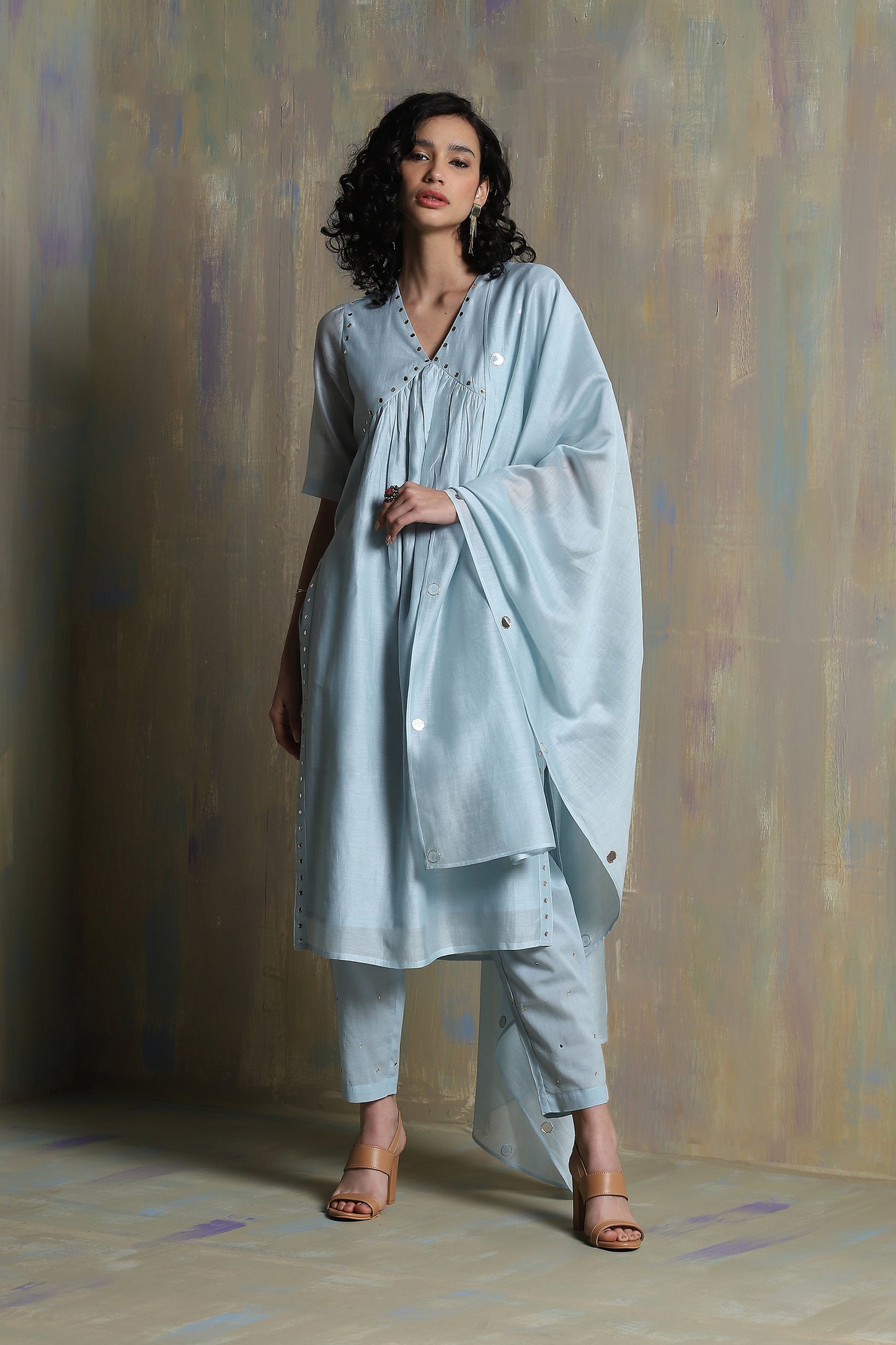 Cool Blue High Slit Kurta Set - Set of 3 at Kamakhyaa by Charkhee. This item is Blue, Chanderi, Cotton, Festive Wear, Indian Wear, Kurta Pant Sets, Kurta Set With Dupatta, Natural, Regular Fit, Solids, Womenswear