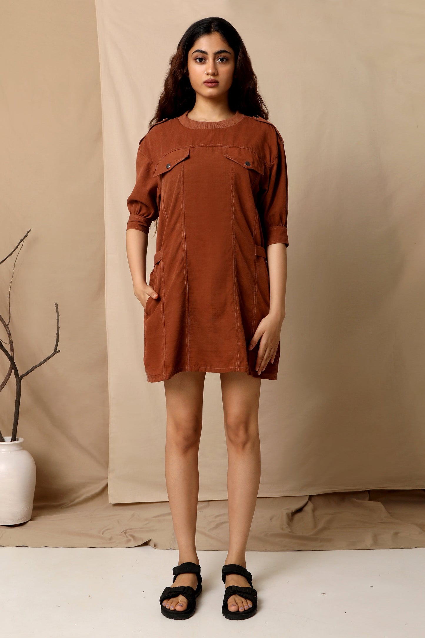 Copper Brown Shirt Dress Brown, Natural, Regular Fit, Short Dresses, Solids, Tencel Twill Kamakhyaa