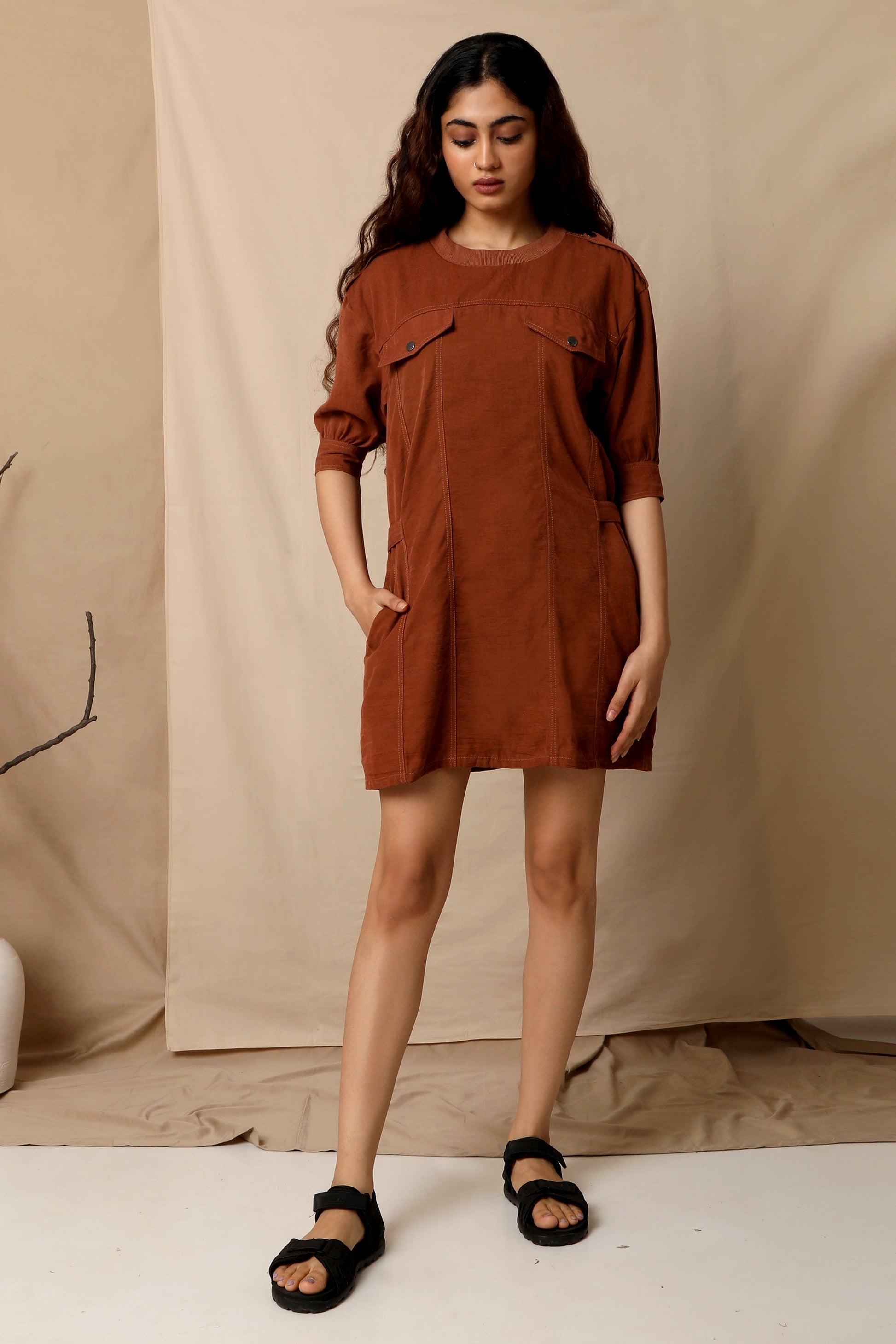 Copper Brown Shirt Dress Brown, Natural, Regular Fit, Short Dresses, Solids, Tencel Twill Kamakhyaa