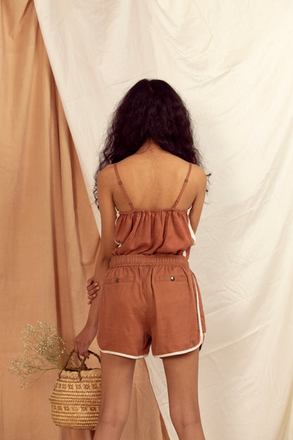 Copper Brown Strap Top Brown, Natural, Regular Fit, Solids, Spaghettis, Tencel Satin Kamakhyaa