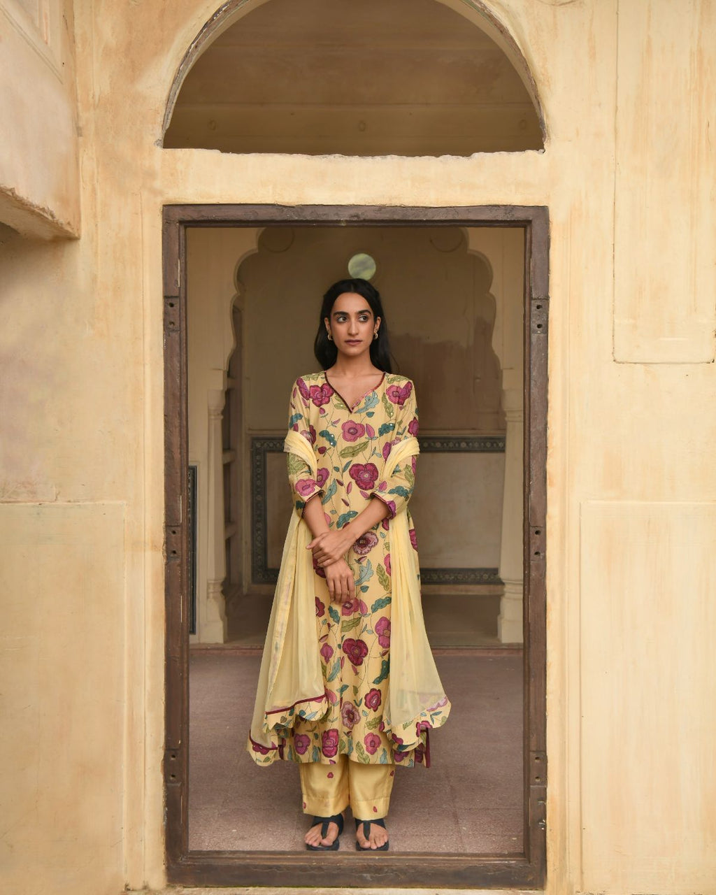 Corn Yellow Chanderi Silk Kurta Set With Dupatta at Kamakhyaa by Taro. This item is Beads work, Chanderi Silk, Chiffon, Digital Print, Enchanted Garden, Evening Wear, Festive Wear, Indian Wear, July Sale, July Sale 2023, Kurta Pant Sets, Kurta Set With Dupatta, Natural, Natural with azo free dyes, Relaxed Fit, Sequin Work, Womenswear, Yellow