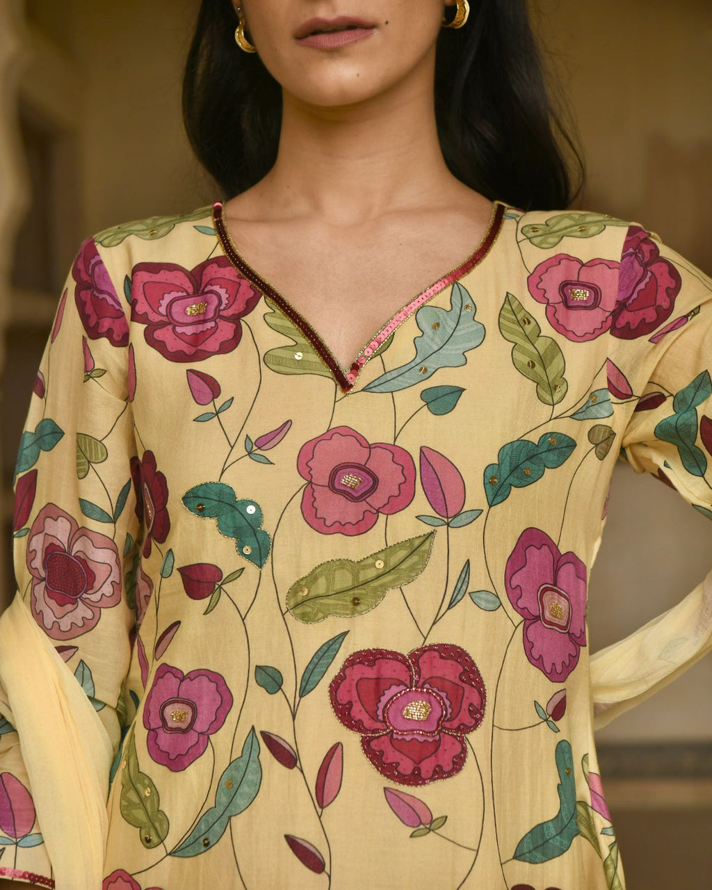 Corn Yellow Chanderi Silk Kurta Set With Dupatta at Kamakhyaa by Taro. This item is Beads work, Chanderi Silk, Chiffon, Digital Print, Enchanted Garden, Evening Wear, Festive Wear, Indian Wear, July Sale, July Sale 2023, Kurta Pant Sets, Kurta Set With Dupatta, Natural, Natural with azo free dyes, Relaxed Fit, Sequin Work, Womenswear, Yellow