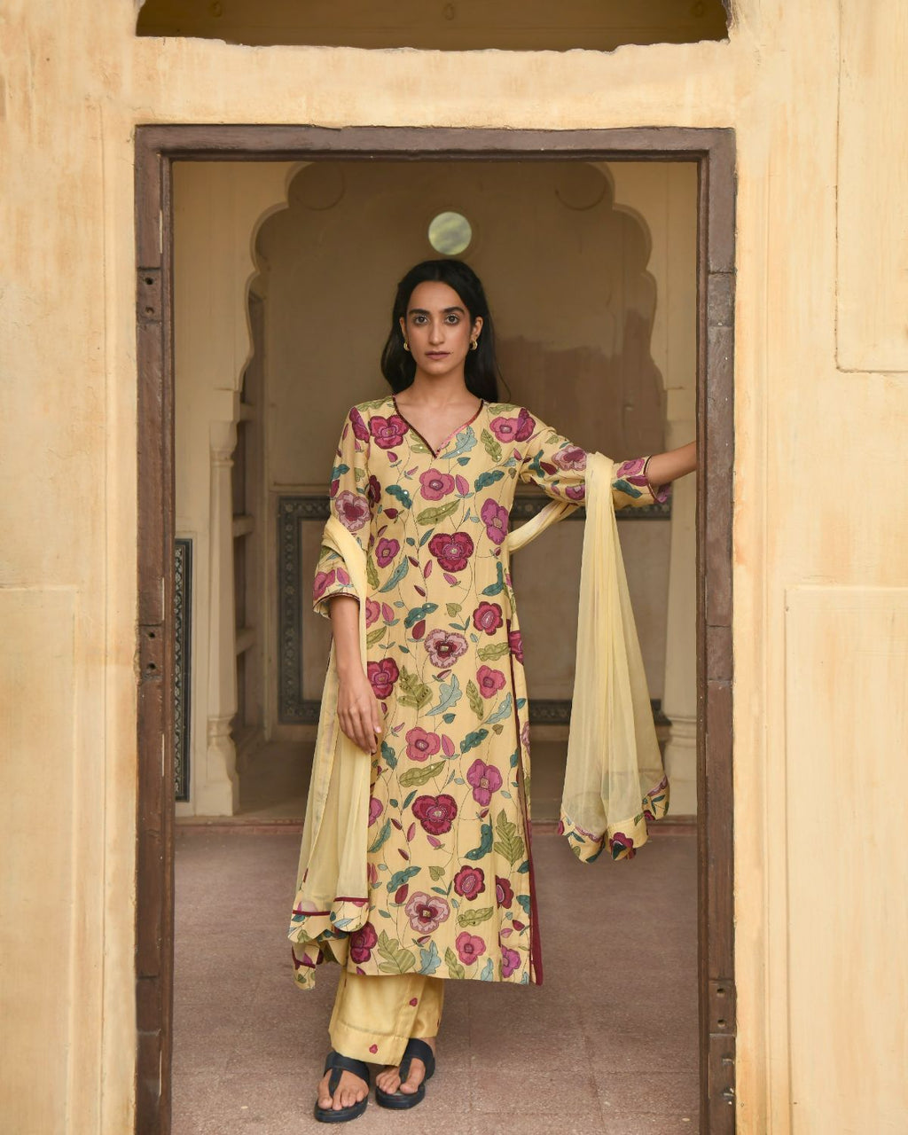 Corn Yellow Chanderi Silk Kurta Set With Dupatta at Kamakhyaa by Taro. This item is Beads work, Chanderi Silk, Chiffon, Digital Print, Enchanted Garden, Evening Wear, Festive Wear, Indian Wear, July Sale, July Sale 2023, Kurta Pant Sets, Kurta Set With Dupatta, Natural, Natural with azo free dyes, Relaxed Fit, Sequin Work, Womenswear, Yellow