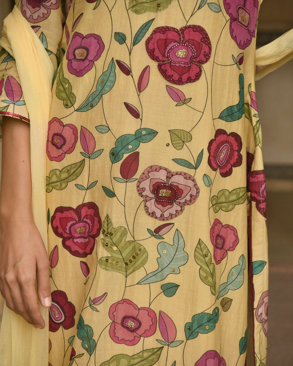 Corn Yellow Chanderi Silk Kurta Set With Dupatta at Kamakhyaa by Taro. This item is Beads work, Chanderi Silk, Chiffon, Digital Print, Enchanted Garden, Evening Wear, Festive Wear, Indian Wear, July Sale, July Sale 2023, Kurta Pant Sets, Kurta Set With Dupatta, Natural, Natural with azo free dyes, Relaxed Fit, Sequin Work, Womenswear, Yellow