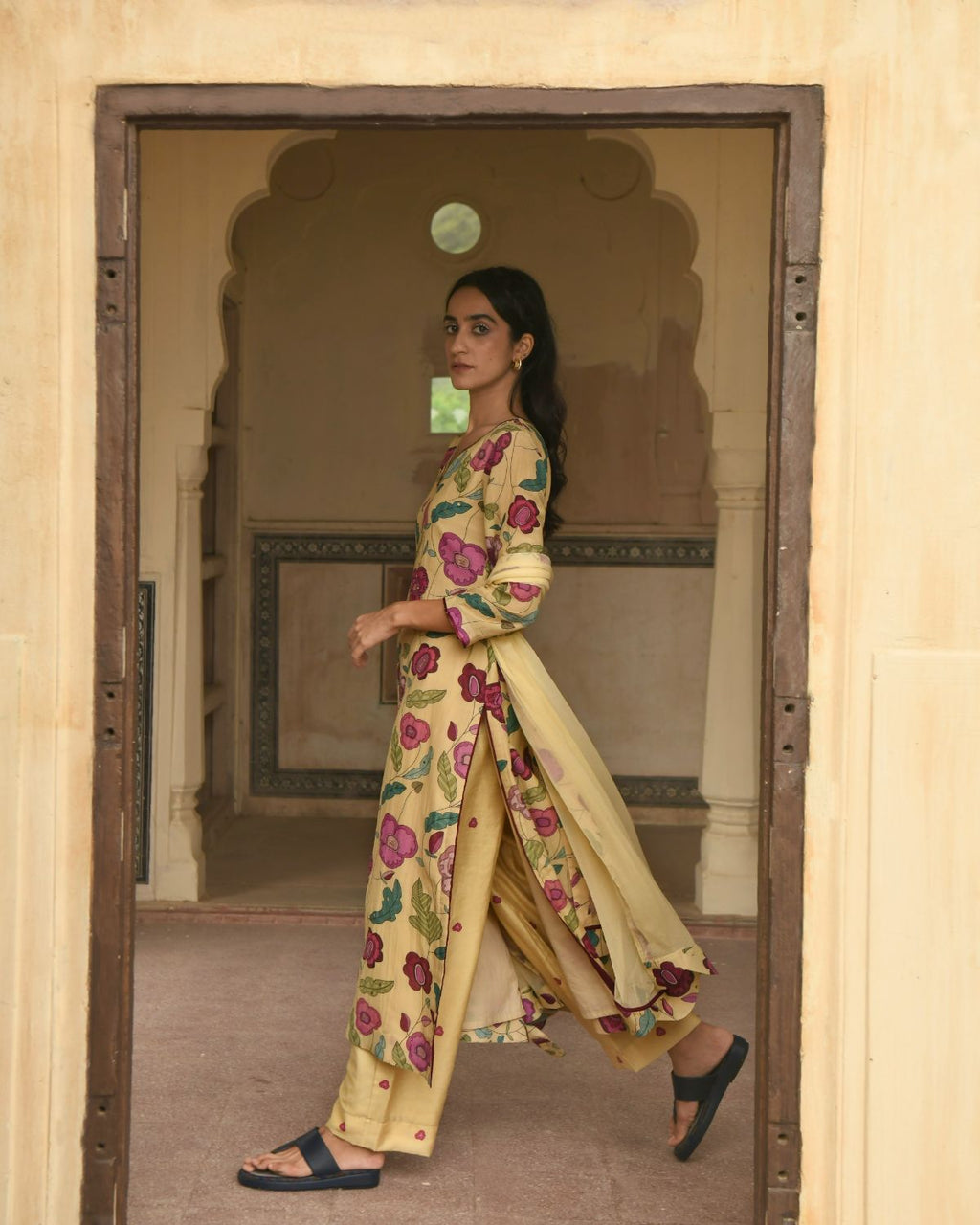 Corn Yellow Chanderi Silk Kurta Set With Dupatta at Kamakhyaa by Taro. This item is Beads work, Chanderi Silk, Chiffon, Digital Print, Enchanted Garden, Evening Wear, Festive Wear, Indian Wear, July Sale, July Sale 2023, Kurta Pant Sets, Kurta Set With Dupatta, Natural, Natural with azo free dyes, Relaxed Fit, Sequin Work, Womenswear, Yellow
