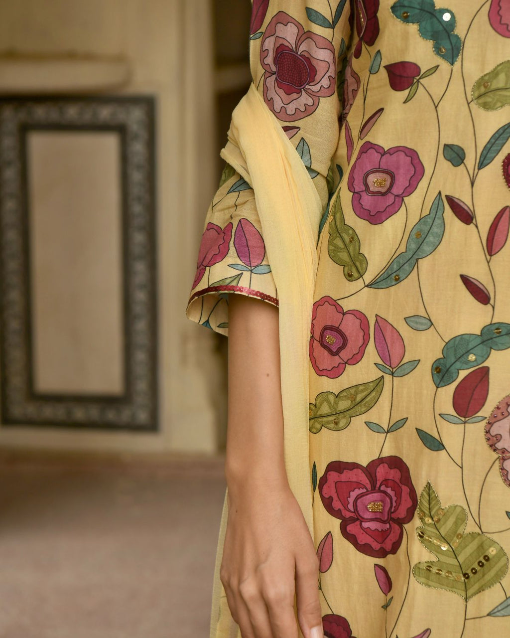 Corn Yellow Chanderi Silk Kurta Set With Dupatta at Kamakhyaa by Taro. This item is Beads work, Chanderi Silk, Chiffon, Digital Print, Enchanted Garden, Evening Wear, Festive Wear, Indian Wear, July Sale, July Sale 2023, Kurta Pant Sets, Kurta Set With Dupatta, Natural, Natural with azo free dyes, Relaxed Fit, Sequin Work, Womenswear, Yellow