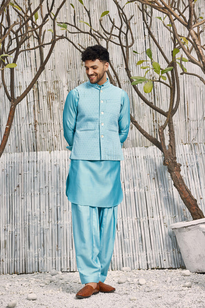 Cotton Bundi Jacket - Blue at Kamakhyaa by Charkhee. This item is Best Selling, Blue, Cotton, Dobby Cotton, Festive Wear, Indian Wear, Indianwear Jackets, Jackets, Mens Overlay, Menswear, Natural, Regular Fit, Shores 23, Textured