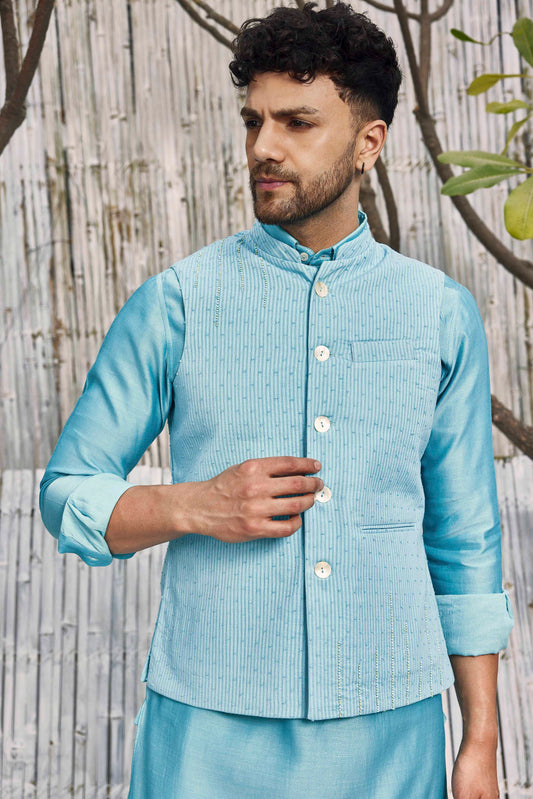 Cotton Bundi Jacket - Blue at Kamakhyaa by Charkhee. This item is Best Selling, Blue, Cotton, Dobby Cotton, Festive Wear, Indian Wear, Indianwear Jackets, Jackets, Mens Overlay, Menswear, Natural, Regular Fit, Shores 23, Textured