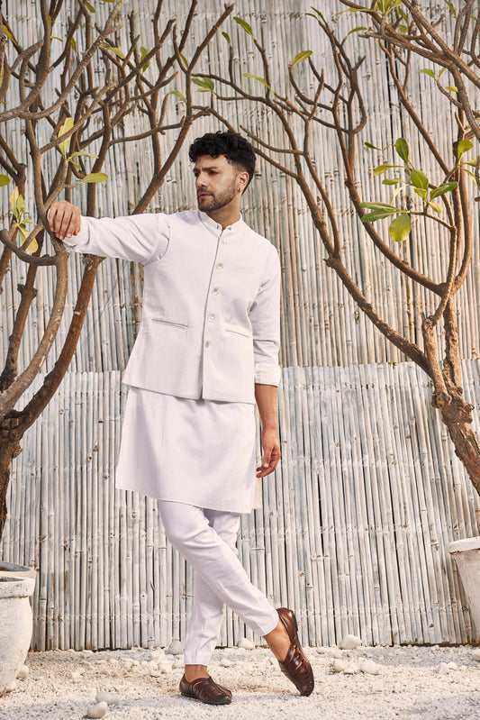 Cotton Bundi Jacket - Off White at Kamakhyaa by Charkhee. This item is Cotton, Dobby Cotton, Festive Wear, Indian Wear, Indianwear Jackets, Jackets, Mens Overlay, Menswear, Natural, Off-white, Regular Fit, Shores 23, Textured, Wedding Gifts