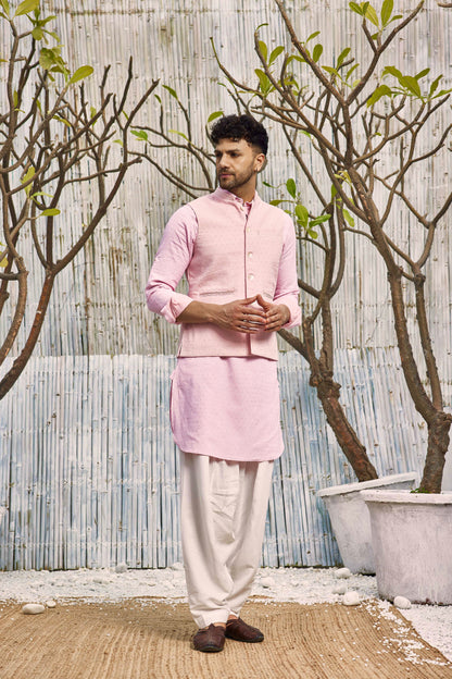 Cotton Bundi Jacket - Pink at Kamakhyaa by Charkhee. This item is Best Selling, Cotton, Dobby Cotton, Festive Wear, Indian Wear, Indianwear Jackets, Jackets, Mens Overlay, Menswear, Natural, Pink, Regular Fit, Shores 23, Textured