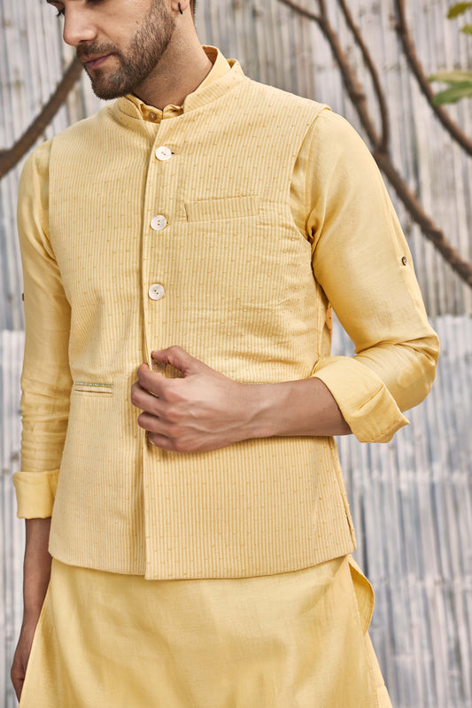 Cotton Bundi Jacket - Yellow at Kamakhyaa by Charkhee. This item is Cotton, Dobby Cotton, Festive Wear, Indian Wear, Indianwear Jackets, Jackets, Mens Overlay, Menswear, Natural, Regular Fit, Shores 23, Textured, Yellow