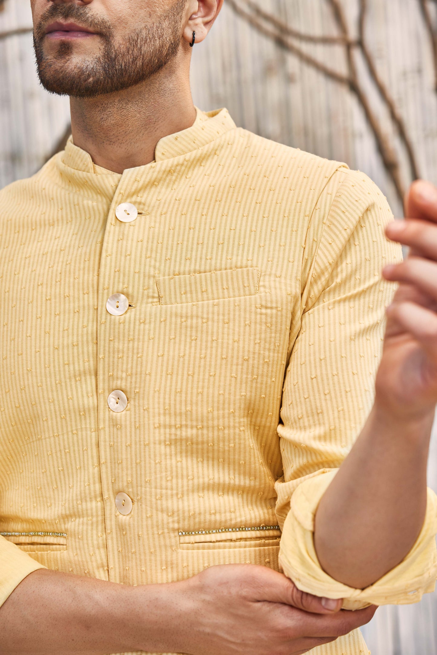 Cotton Bundi Jacket - Yellow at Kamakhyaa by Charkhee. This item is Cotton, Dobby Cotton, Festive Wear, Indian Wear, Indianwear Jackets, Jackets, Mens Overlay, Menswear, Natural, Regular Fit, Shores 23, Textured, Yellow