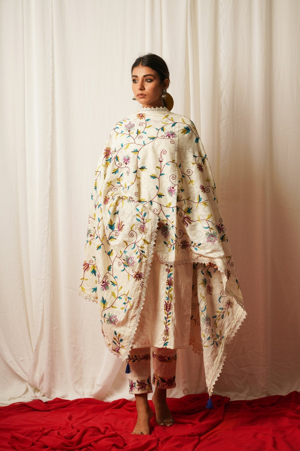 Cotton Duppata at Kamakhyaa by Keva. This item is Accessories, Cotton, Cotton Lurex, Dupattas, Embroidered, Indian Wear, Natural, Prints, Relaxed Fit, Resort Wear, Tatriz, White, Womenswear