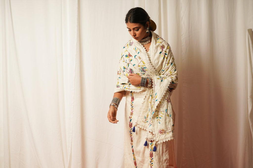 Cotton Duppata at Kamakhyaa by Keva. This item is Accessories, Cotton, Cotton Lurex, Dupattas, Embroidered, Indian Wear, Natural, Prints, Relaxed Fit, Resort Wear, Tatriz, White, Womenswear