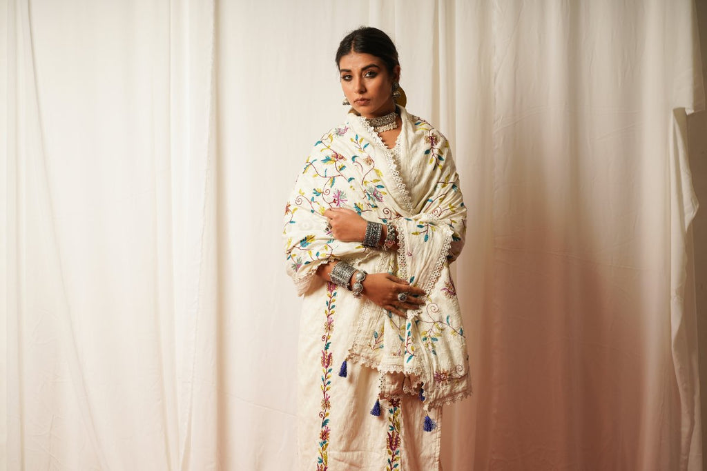 Cotton Duppata at Kamakhyaa by Keva. This item is Accessories, Cotton, Cotton Lurex, Dupattas, Embroidered, Indian Wear, Natural, Prints, Relaxed Fit, Resort Wear, Tatriz, White, Womenswear