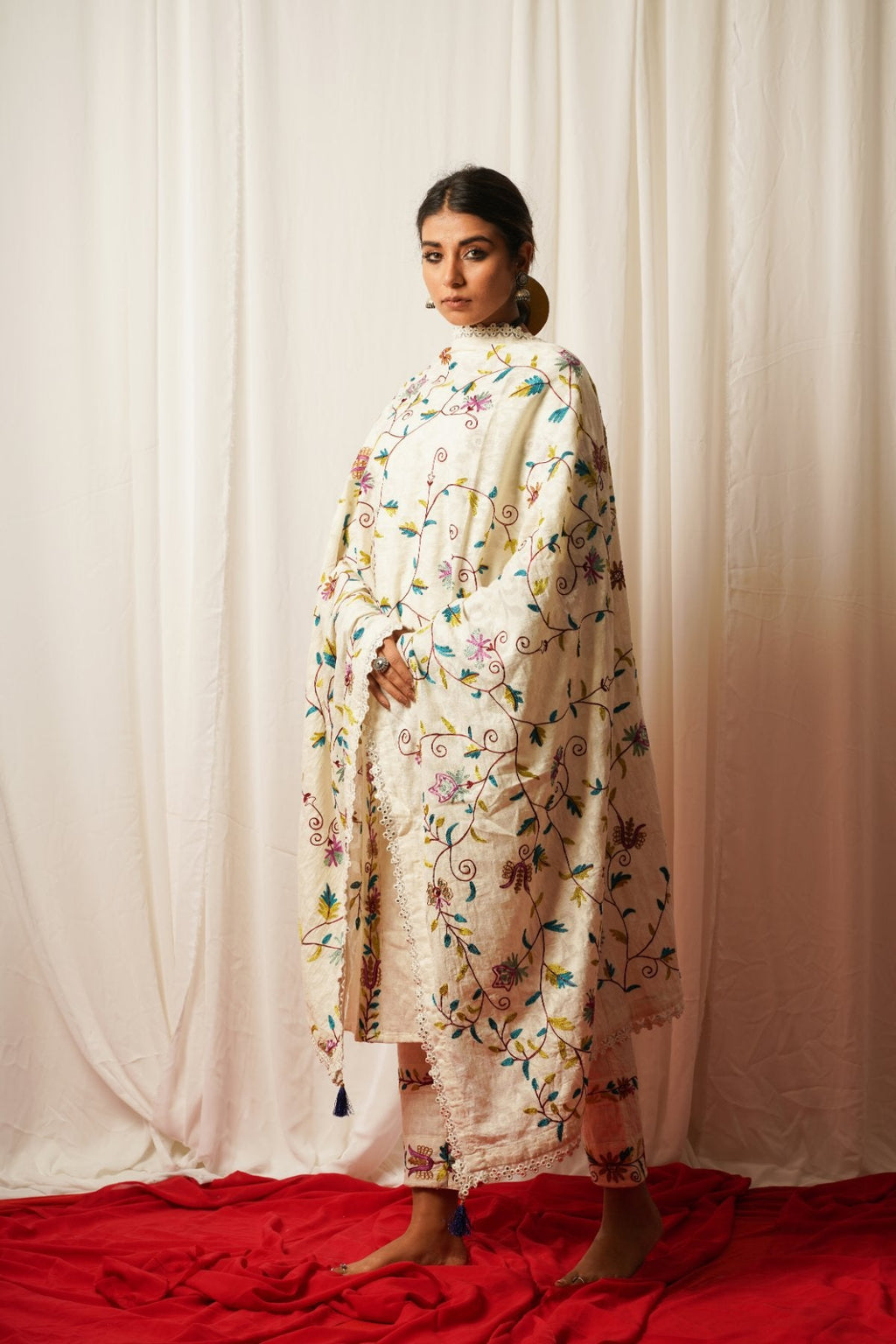 Cotton Duppata at Kamakhyaa by Keva. This item is Accessories, Cotton, Cotton Lurex, Dupattas, Embroidered, Indian Wear, Natural, Prints, Relaxed Fit, Resort Wear, Tatriz, White, Womenswear