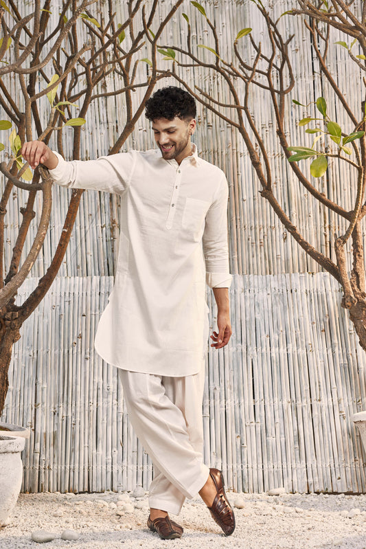 Cotton Pathani with Salwar - Set of 2 - Off-White at Kamakhyaa by Charkhee. This item is Cotton, Cotton Satin, Dobby Cotton, Festive Wear, Kurta Salwar Sets, Mens Co-ords, Menswear, Natural, Off-white, Regular Fit, Shores 23, Textured, Wedding Gifts